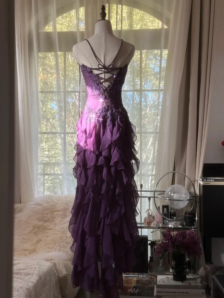 Vintage Purple Chiffon Appliques Long Evening Dress Formal Prom Dress Y9730