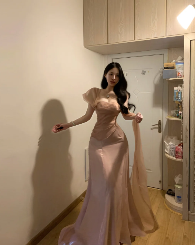Elegant Pink Tulle Mermaid Long Party Gown Formal Guest Dress SP288