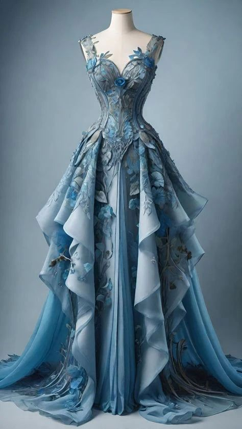 Classy Blue Chiffon Appliques Ruffles Long Prom Dress Evening Dress Y8385