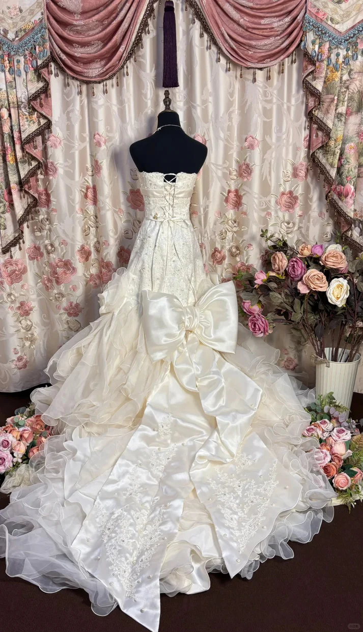 Classy Strapless White Satin Beaded Mermaid Long Wedding Dresses Bow Princess Bridal Gown Y9709