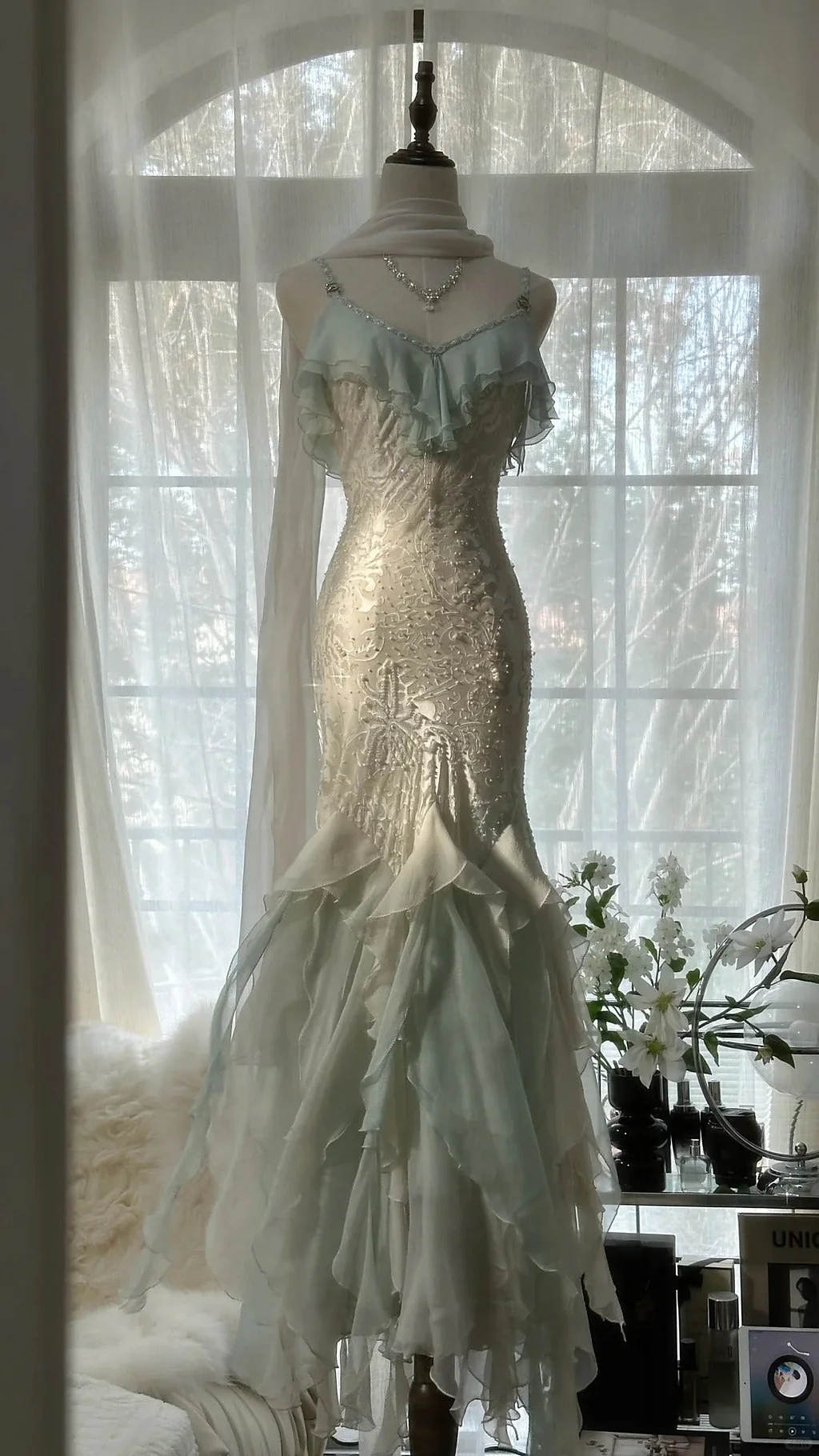 Elegant Green Chiffon Beaded Mermaid Prom Dress Long Party Gowns Y9731