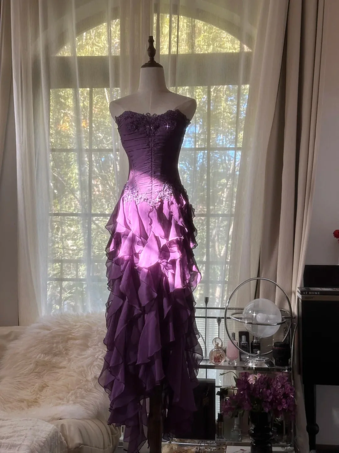 Vintage Purple Chiffon Appliques Long Evening Dress Formal Prom Dress Y9730