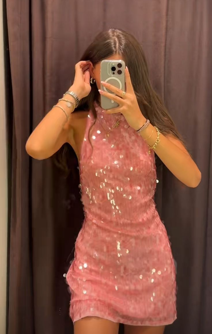Pretty Pink Halter Sheath Sequin Cocktail Dress Formal Graduation Homecoming Dress Y9699