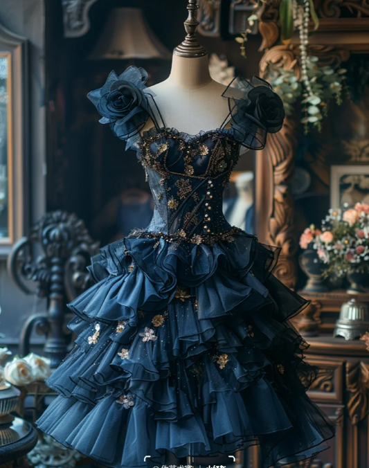 Pretty Sweetheart Neck Tulle Appliques  Navy Blue A Line Layered Formal 18th Birthday Outfits Homecoming Dress Y9249