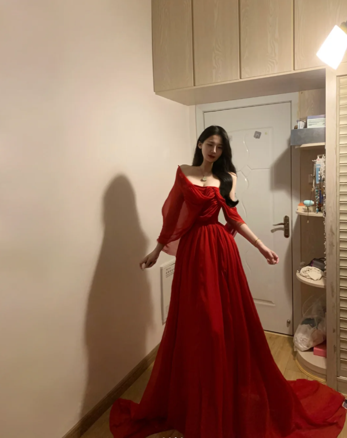 Pretty Red Off The Shoulder Chiffon Long Party Dress Formal Guest Dress SP298