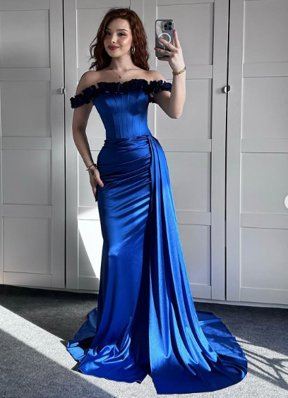 Blue Off The Shoulder Mermaid Evening Dress Formal Prom Dress Y7842