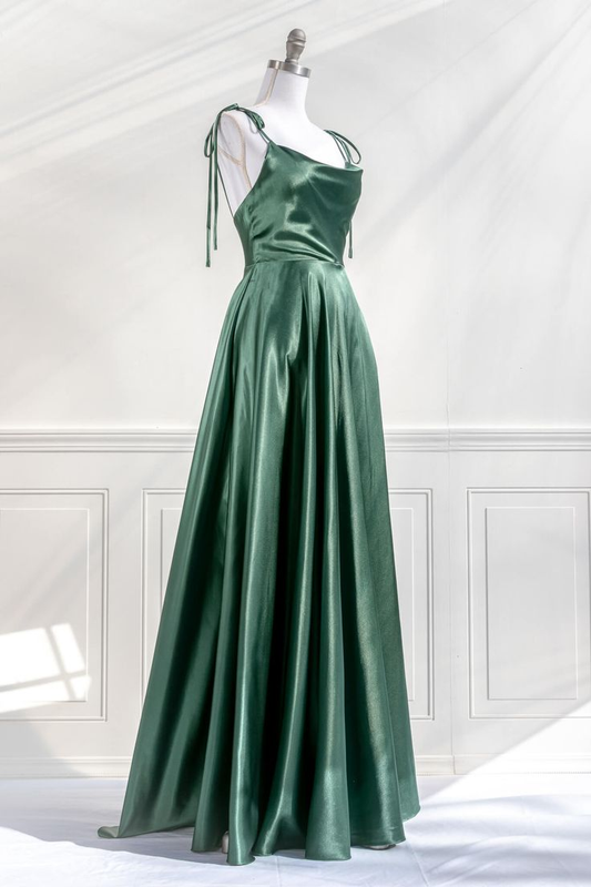 Satin Bow Tie Straps A-line Cowl Neck Long Prom Dress Y4312