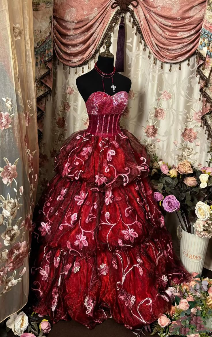 Pretty Red Tulle Sequin Floral Layered Sweet 16 Dress Formal Princess Quinceanera Dress SP935