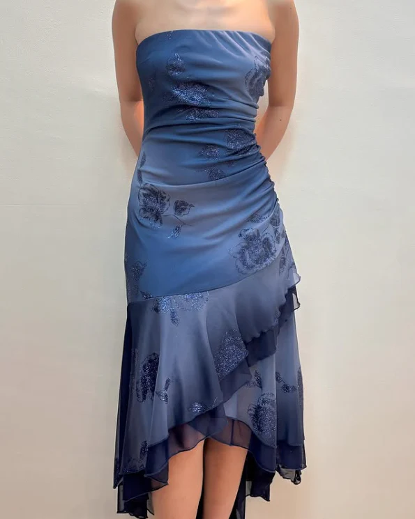Charming Navy Blue Strapless Tiered Mermaid Evening Dress Prom Dress Y7811
