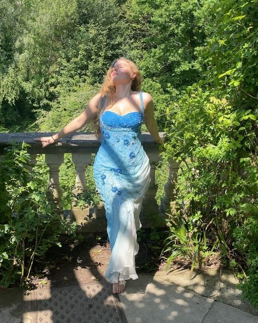 Gorgeous Blue Chiffon Beaded Sheath Long Party Gown Formal Evening Dress SP263