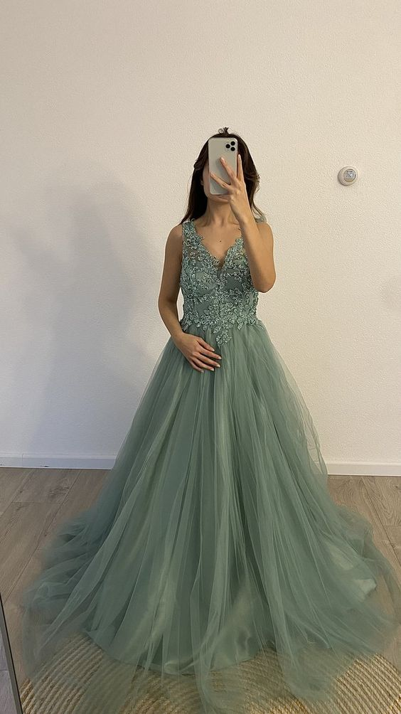 Modest A-line V Neck Tulle Evening Dress, Graduation Dress Y4899