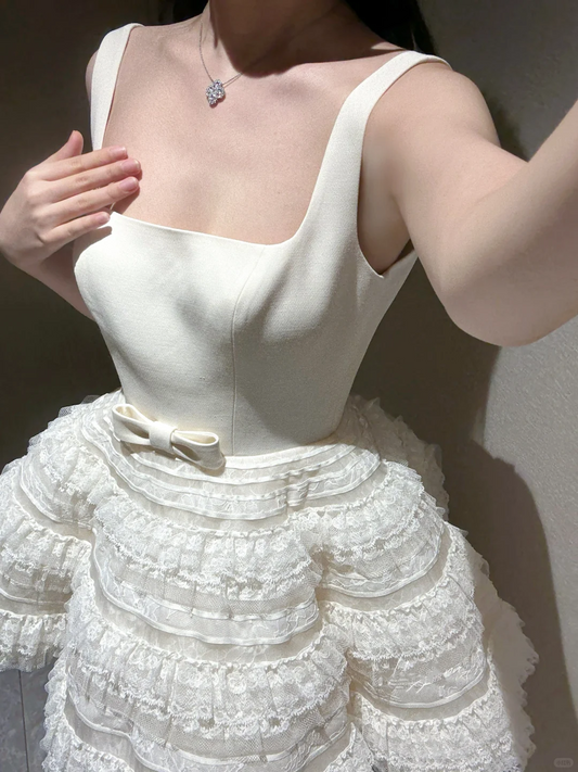 Elegant Square Neck Lace A Line Short Graduation Homecoming Dress Off White 16th Birthday Outfits SP2335
