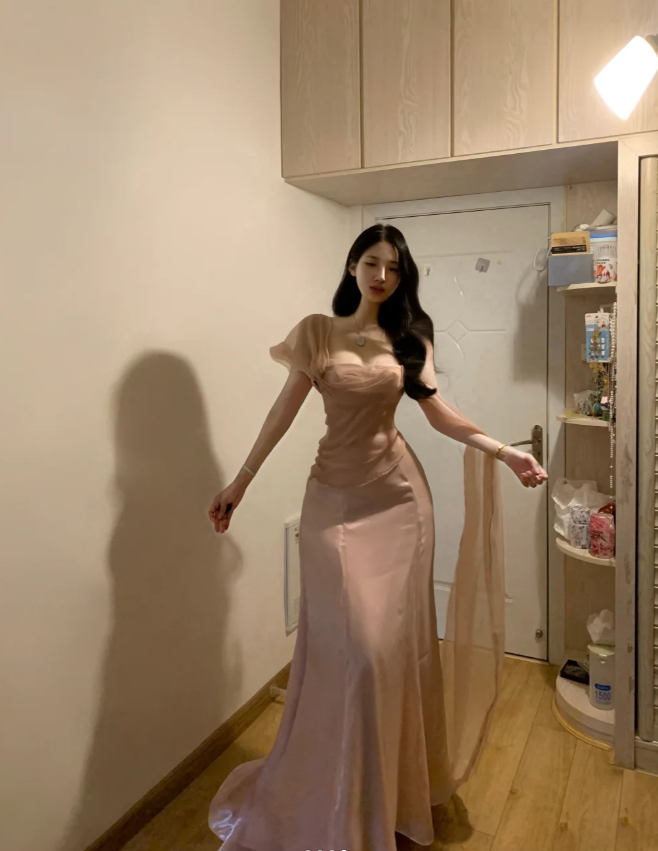 Elegant Pink Tulle Mermaid Long Party Gown Formal Guest Dress SP288