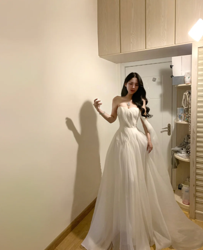 Elegant Strapless White Tulle Long Prom Dress Formal Party Gown SP297