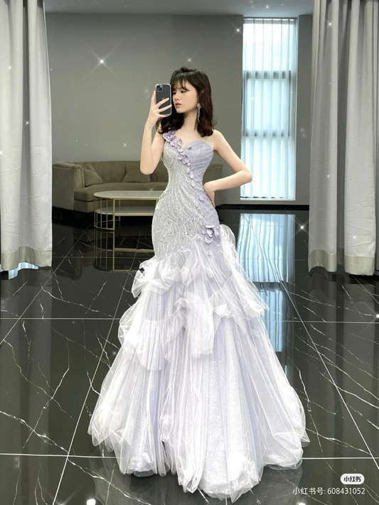 Charming Tulle Sequins Beaded Evening Dress,Lilac Mermaid Prom Dress Y8224