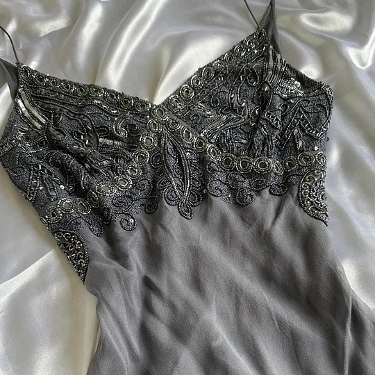 Vintage Spaghetti Straps Grey Chiffon Beaded Mermaid Evening Dress Long Prom Dress Y9739