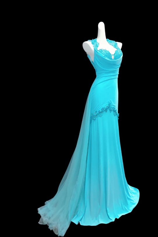 Elegant Blue Chiffon Beaded Appliques Mermaid Party Dress Long Prom Dress SP345
