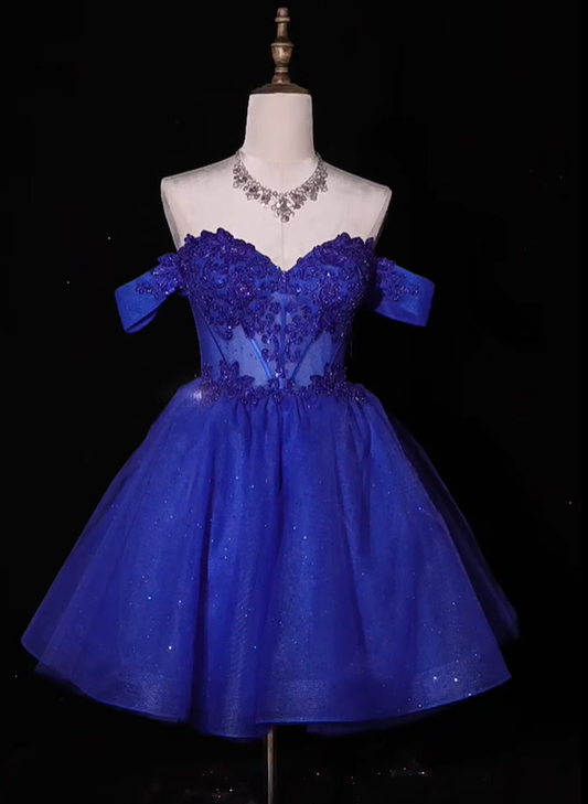 Charming Blue Sweetheart Neck Tulle Appliques A Line Short Homecoming Dress Birthday Outfits Y9295