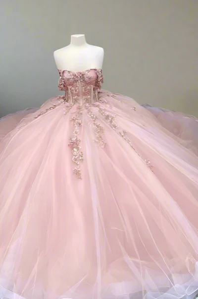 Pink Glitter 3D Flowers Beaded Ball Dress Beautiful Pink Princess Dresses Y1132