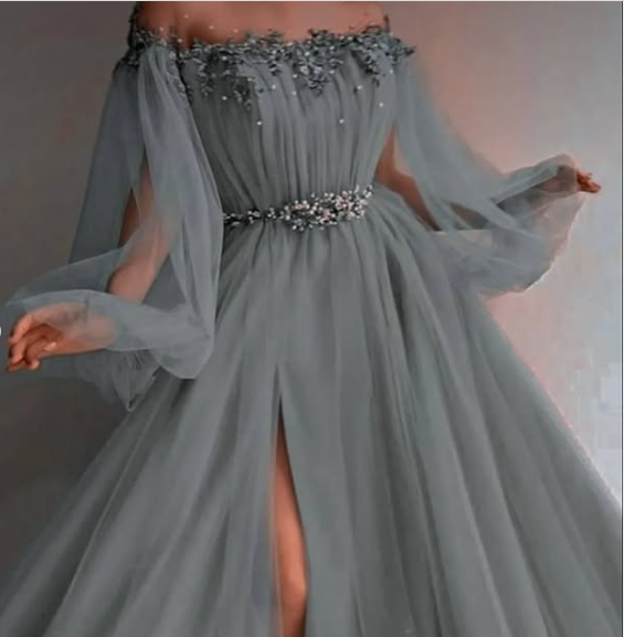Gray Off The Shoulder Tulle Appliques Slit Prom Dress S23034