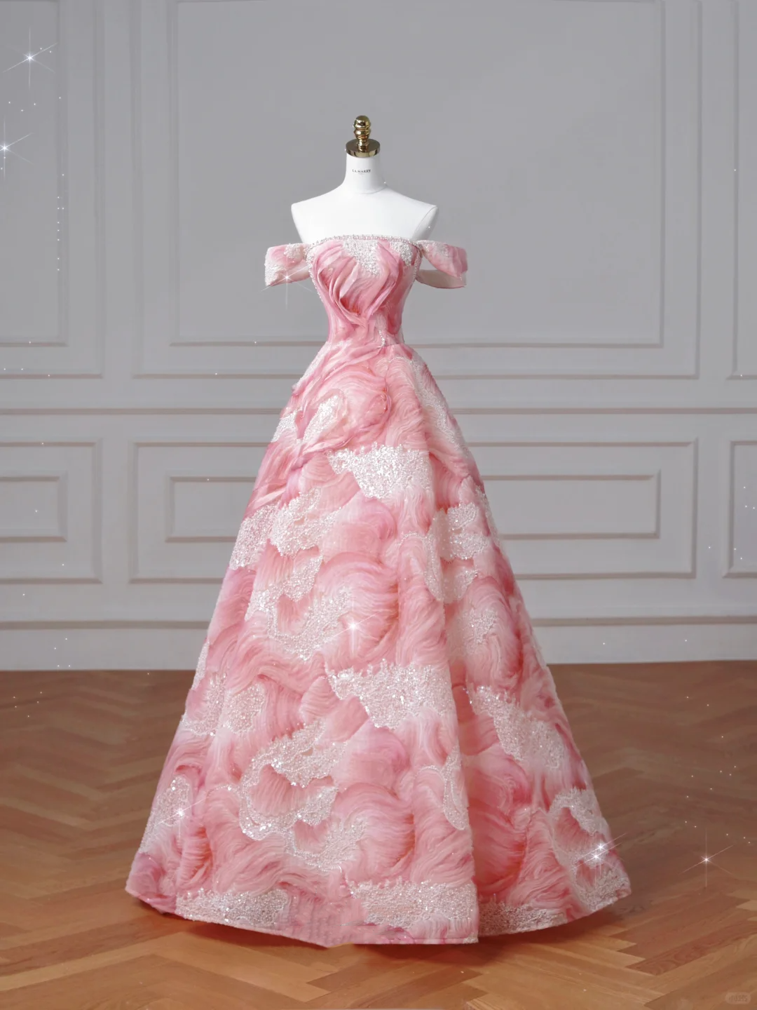 Dream Pink Strapless Satin Print Sequins Prom Dress,Princess Birthday Ball Gown Y8604