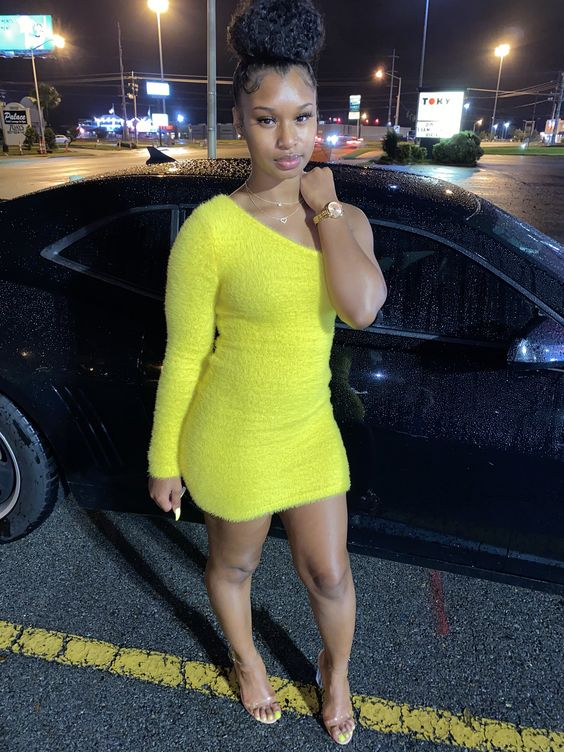 Bright Yellow One Shoulder Homecoming Dress,Sexy Party Dress Y2194