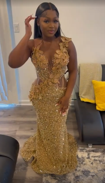 Luxurious Gold Sequins Appliques Evening Dress Mermaid Prom Dress Y7880