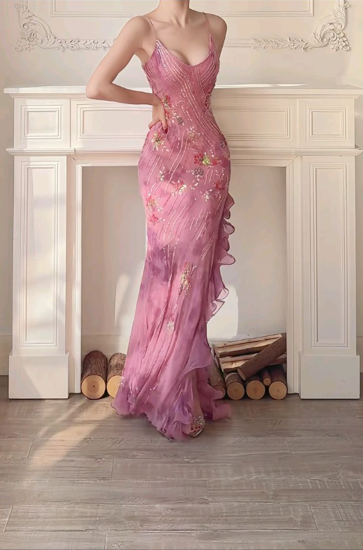 Classy Pink Chiffon Sequins Mermaid Evening Dress,Long Prom Dress Y8310