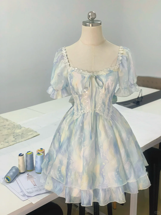 Pretty Blue Chiffon A Line Short Homecoming Dress Formal Birthday Outfits Y9194