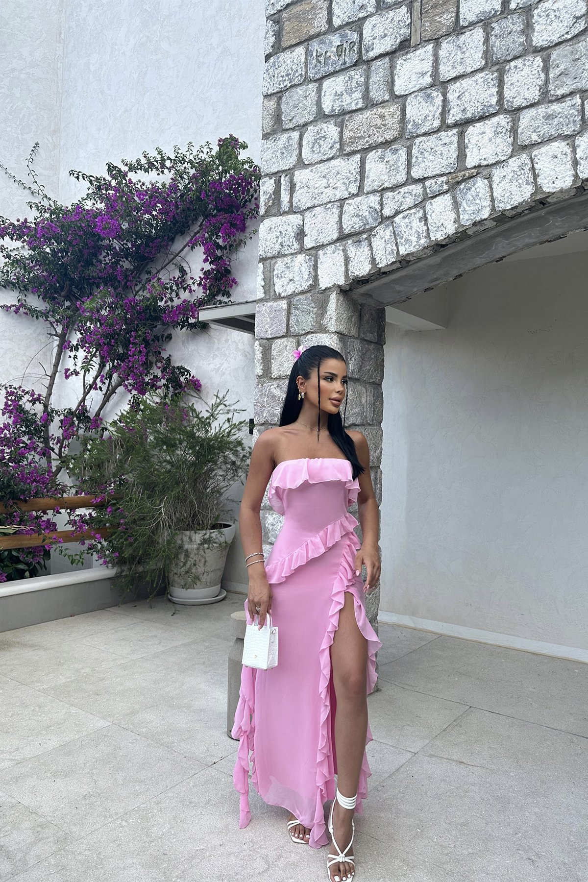 Pretty Pink Strapless Ruffle Slit Evening Dress,Long Birthday Prom Dress Y8203