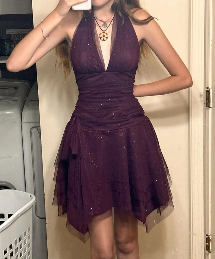 Deep V Purple A Line Short Sexy Cocktail Dress Homecoming Dress Y9641