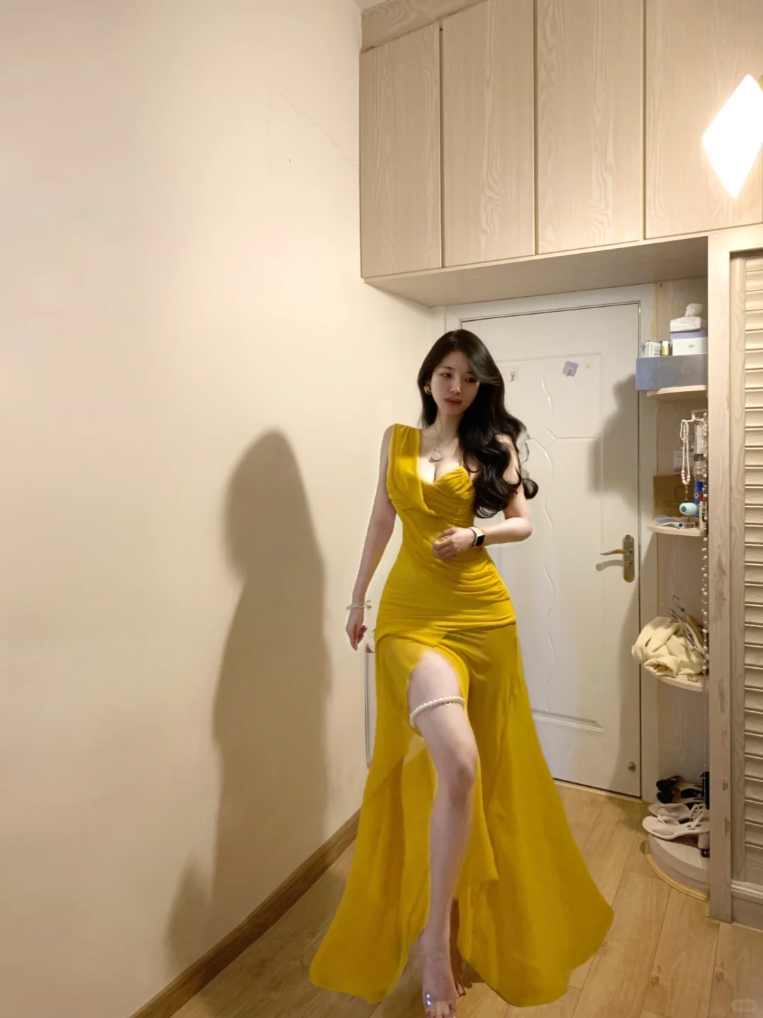 Sexy Mermaid Slit Yellow Chiffon Long Prom Gown Party Dress SP299