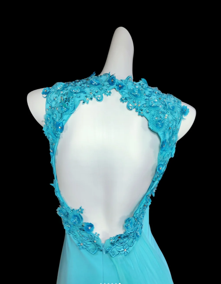 Elegant Blue Chiffon Beaded Appliques Mermaid Party Dress Long Prom Dress SP345