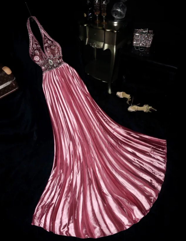 Elegant Pink Halter Satin Beaded Mermaid Evening Dress Long Prom Gown SP724