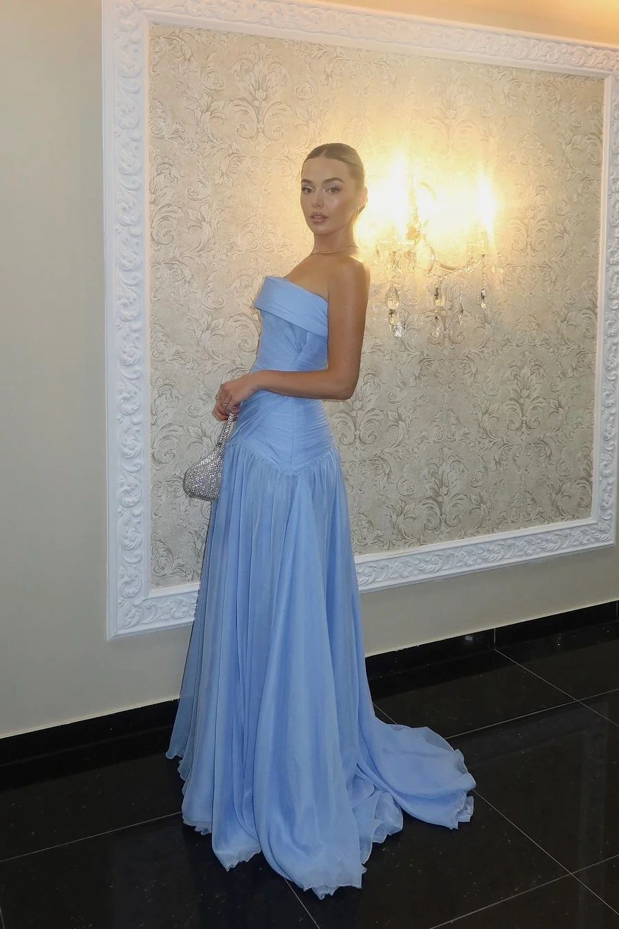 Classy Strapless Chiffon Pleated Mermaid Formal Guest Dress Light Blue Long Party Dress SP450