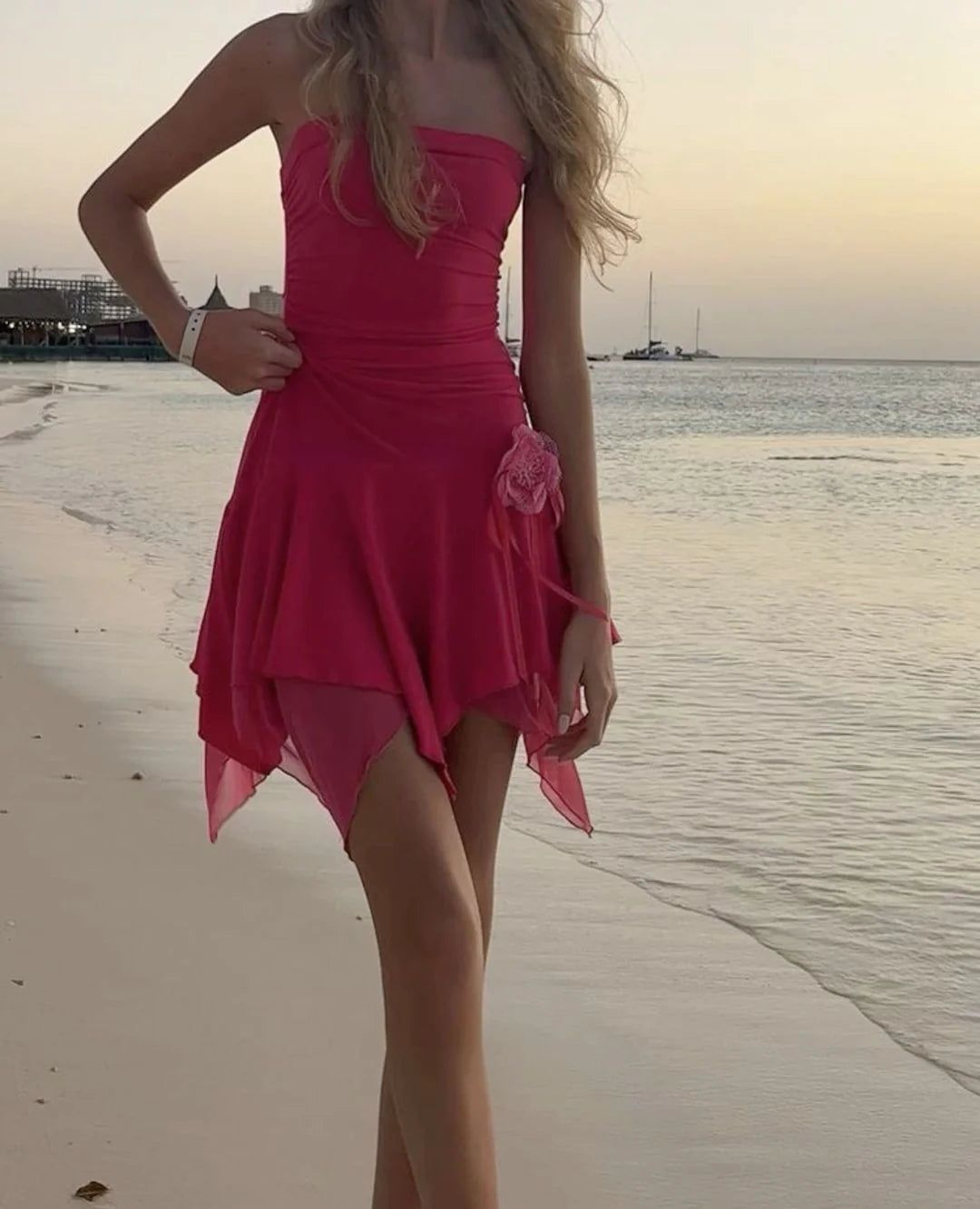 Cute Pink Strapless Chiffon A Line Short Birthday Outfits Formal Graduation Homecoming Dress Y9594