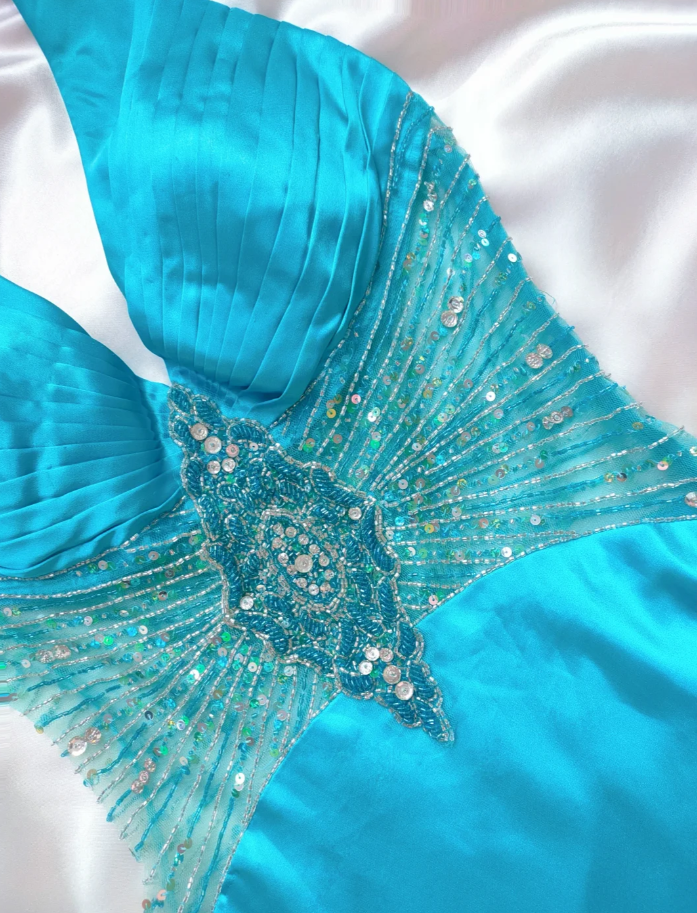 Elegant Halter Blue Satin Sequin Beaded Prom Dress Long Mermaid Party Dress SP413