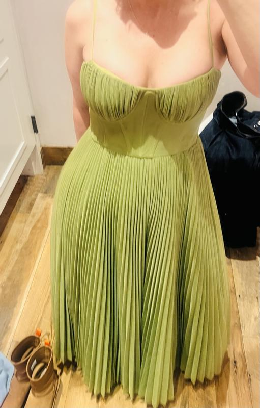 Classy Spaghetti Straps Pleated Tulle Green Midi Prom Dress A Line Evening Dress Y8452