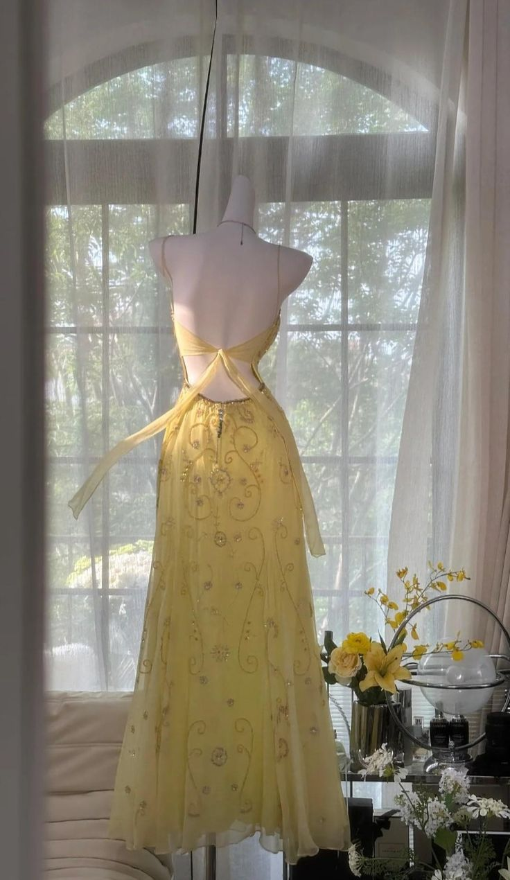 Sparkly Yellow Chiffon Beaded Prom Dress,Spaghetti Straops Backless Party Gown Evening Dress Y8718