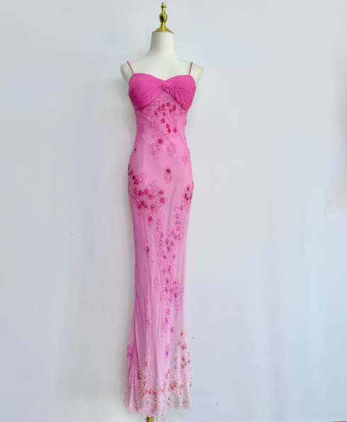 Charming Spaghetti Straps Ombre Pink Chiffon Beaded Mermaid Long Party Dress Birthday Outfits SP994