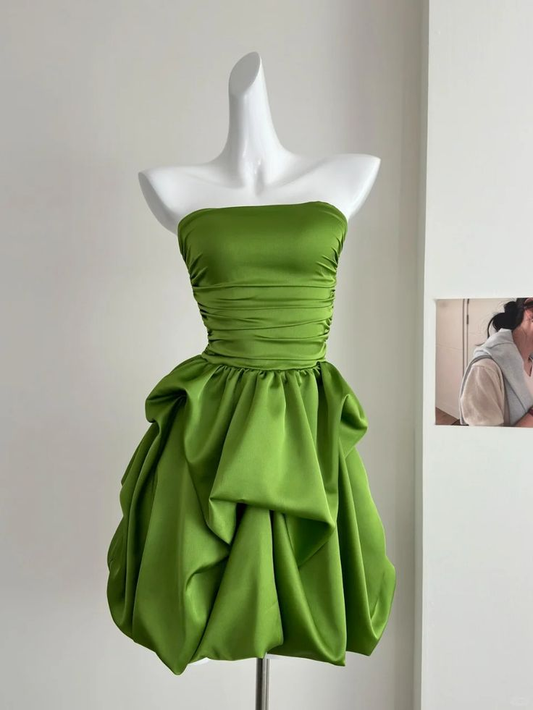 Sexy Green Strapless Satin Pleated A Line Graduation Homecoming Dress Short Cocktail Dress Y9195