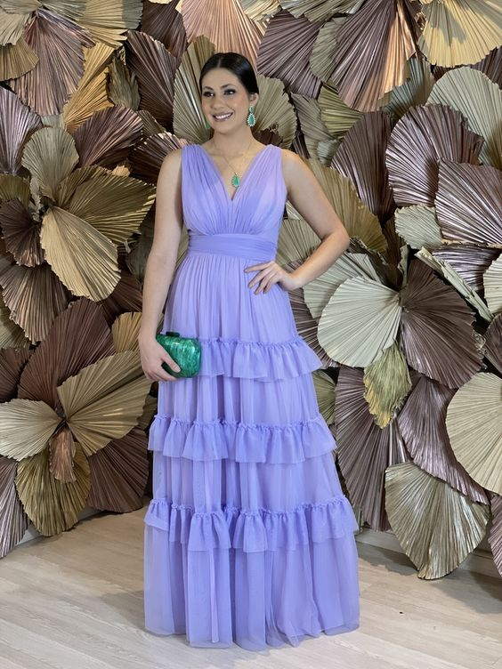 Lavender A-line V Neck Evening Dress,Wedding Guest Dress Y5283