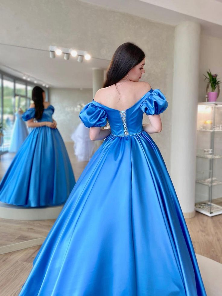 Blue Satin Long Prom Dress, A Line Long Graduation Dresses Y4600