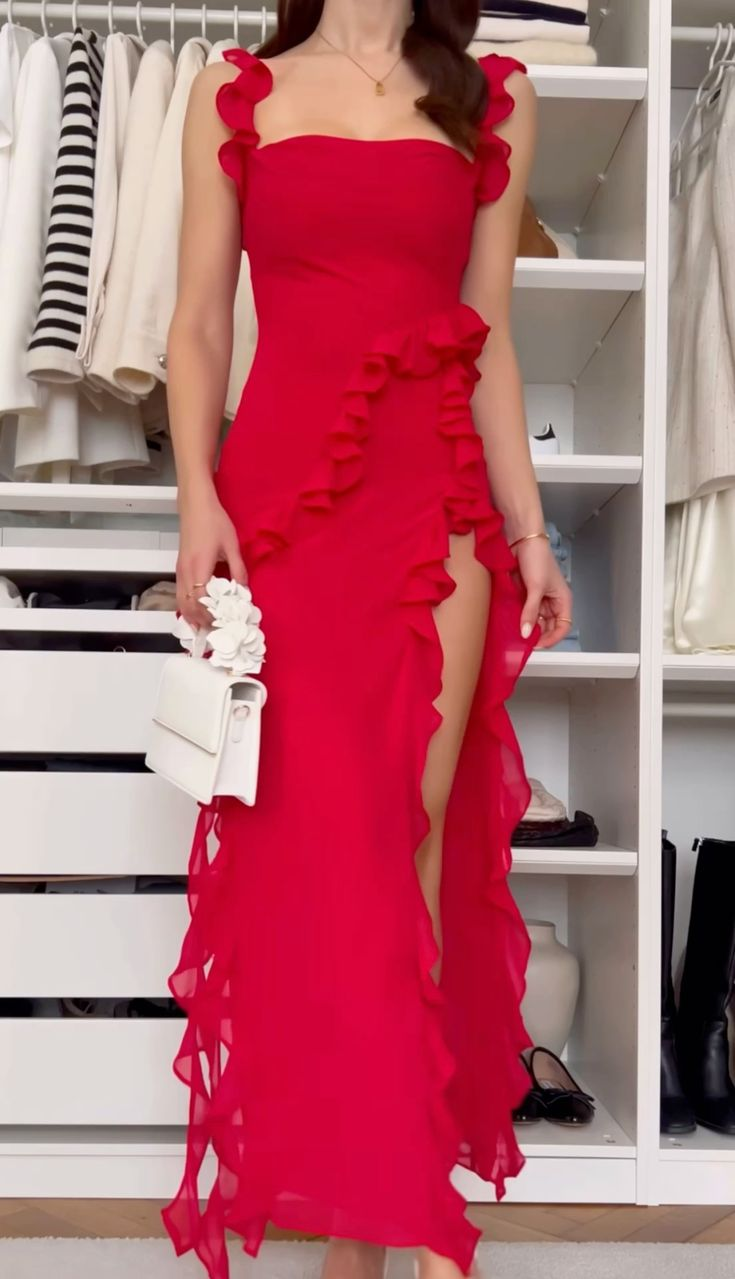 Charming Spaghetti Straps Red Chiffon Ruffles Slit Long Party Dress Wedding Guest Dress SP1081