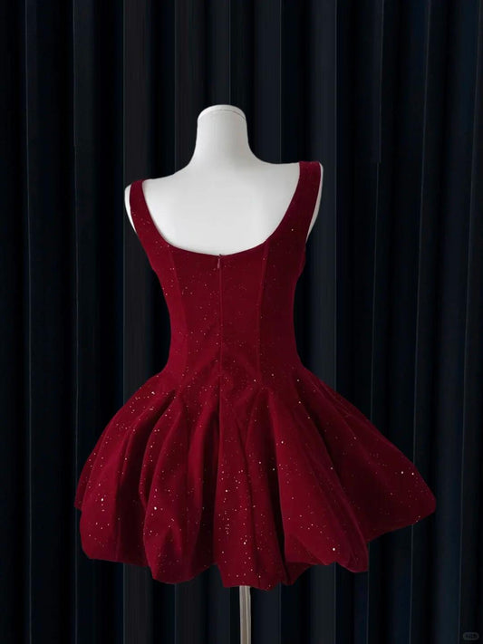 Retro Sleeveless Velvet Sequin Beaded A Line Short Cocktail Dress Red Short Homecoming Dress SP2352