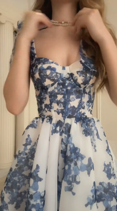 Pretty Blue Spaghetti Straps Chiffon Print Floral A Line Prom Dress Long Party Gown SP253
