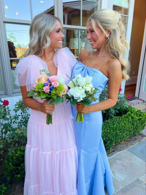 Pink A-line Tulle Prom Dress/Blue Mermaid Long Prom Dress Y2015