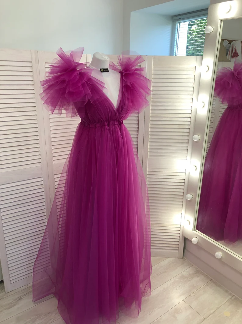 Fuchsia A-line V Neck Tulle Prom Dress Y2759