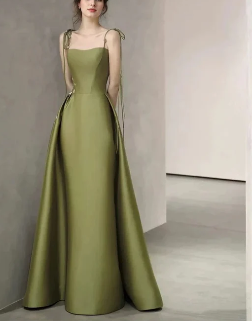 Spaghetti Straps Satin Prom Dress A-line Simple Floor Length Evening Gown Y7011