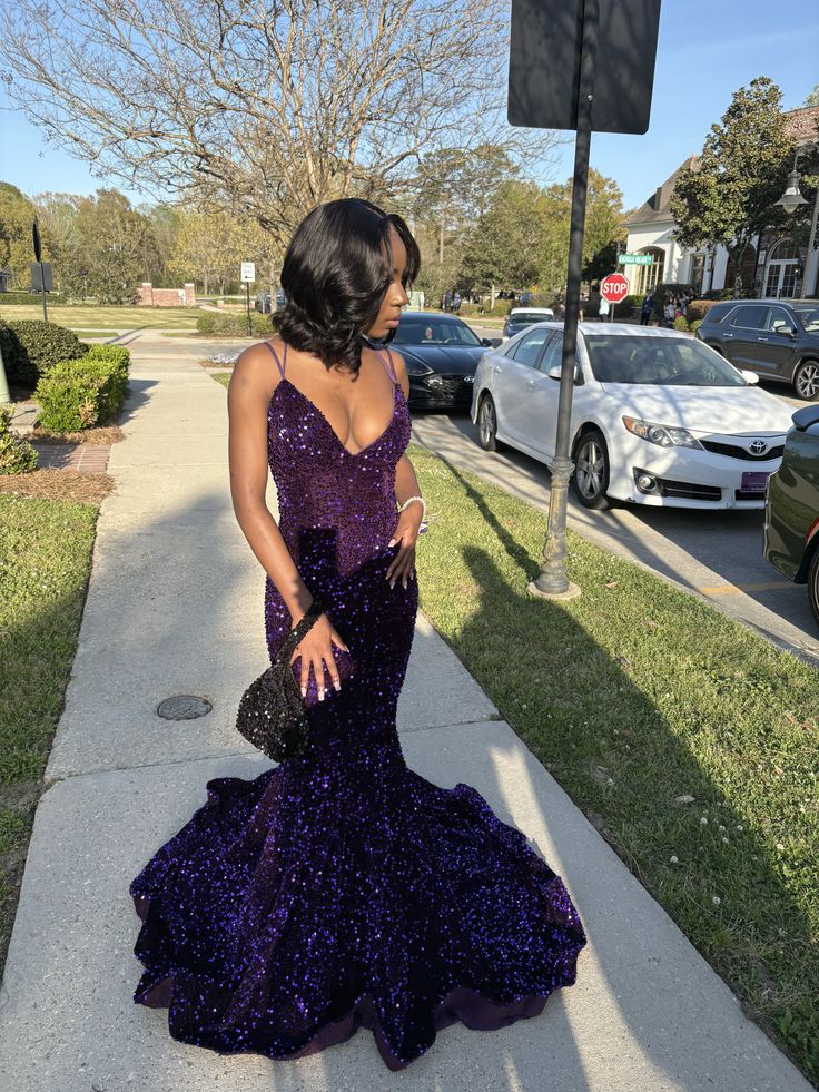 Glamorous Spaghetti Straps V Neck Sequin Mermaid Purple Party Dress Formal Birthday Prom Gown SP693